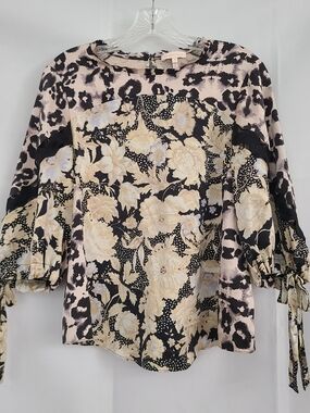 Rebecca Taylor Sz 8 Black Cream Floral Leopard Mix Print 100% Silk Blouse